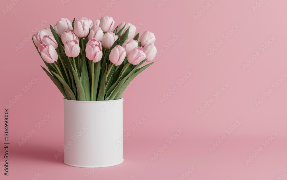 Obraz premium pink tulip bouquet in white vase on a soft pink background