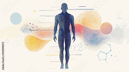 The image features a stylized, two-toned blue anatomical diagram of a human body in a front-facing pose, centrally positioned against a white background.  The background includes