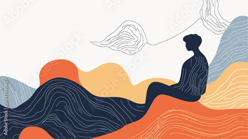 The image features a dark silhouette of a person seated on undulating, abstract forms resembling hills or waves.  The forms are rendered in muted orange, yellow, blue, and gray tones with
