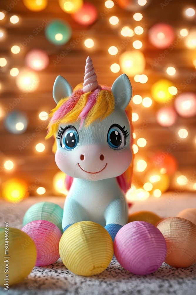 Fototapeta premium Cute unicorn with colorful lanterns in a joyful celebration scene.