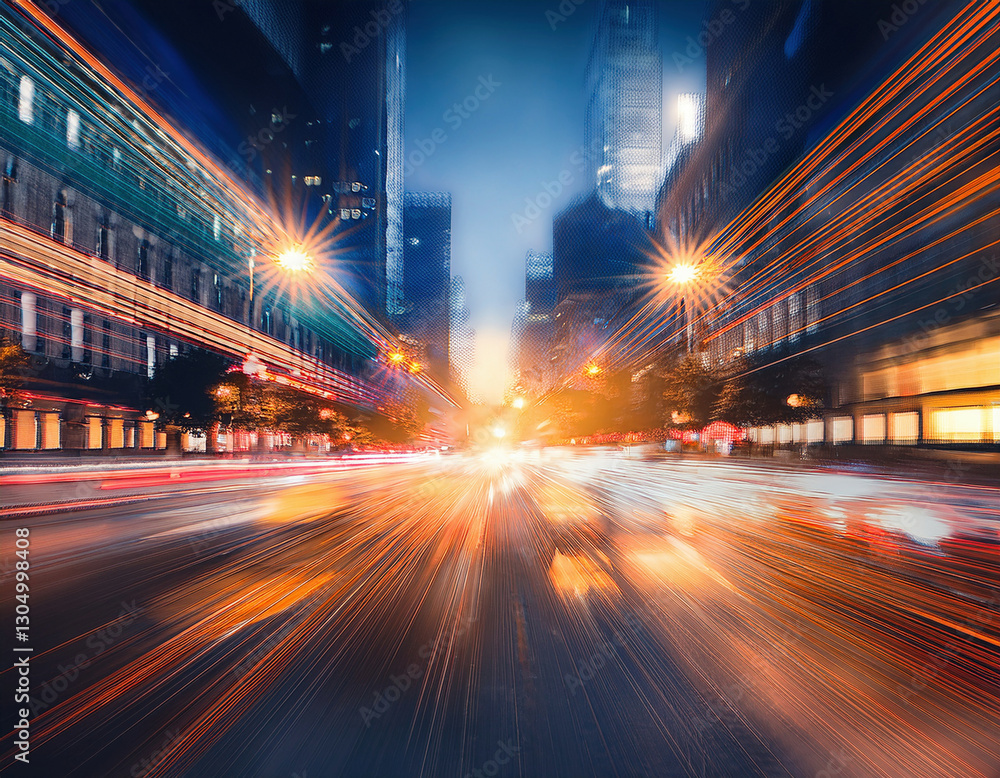 Fototapeta premium A vibrant city street at night is illuminated by colorful lights and fast-moving traffic, creating stunning light trails.