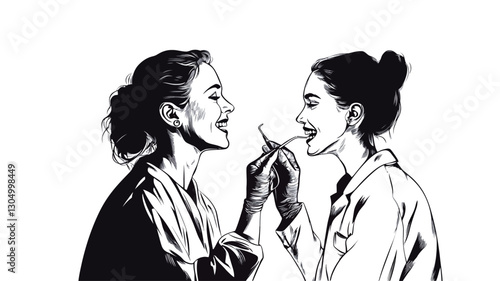 The image is a black and white line art illustration depicting two women in profile view, facing each other.  They appear to be sharing something small between them, held delicately. The