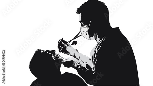The image is a monochrome silhouette illustration depicting a dentist examining a patient's mouth. The illustration uses strong contrasts between black and white to create a stark visual.