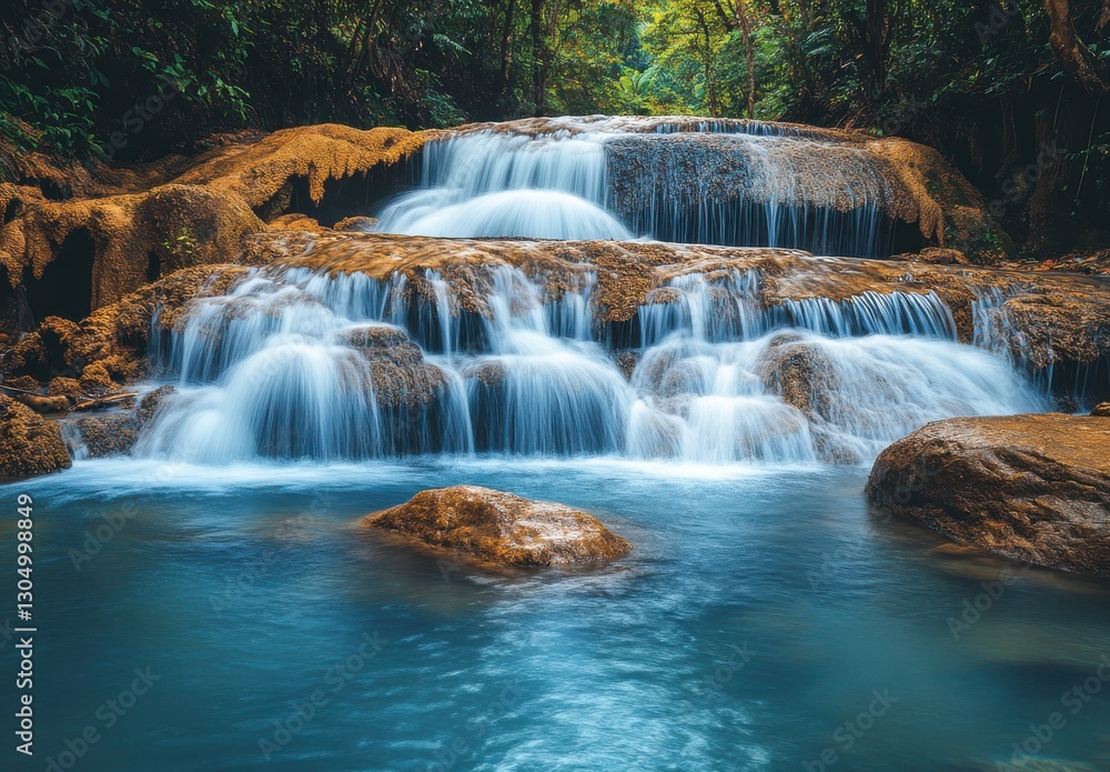 Serene cascades of crystal clear water over smooth rocks in a lush green forest, showcasing natural beauty and tranquil scenery for peaceful retreats Serene cascades of crystal clear water over smooth rocks in a lush green forest, showcasing natural beauty and tranquil scenery for peaceful retreats