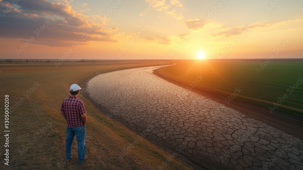 Fototapeta premium Sunset reflections on a dry riverbed rural landscape natural environment aerial view climate change awareness