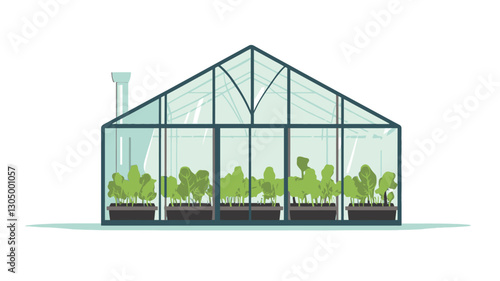 A digital illustration of a greenhouse. The greenhouse is depicted as a rectangular structure with a gabled roof, constructed from a dark metal frame and transparent glass panels.  Inside,