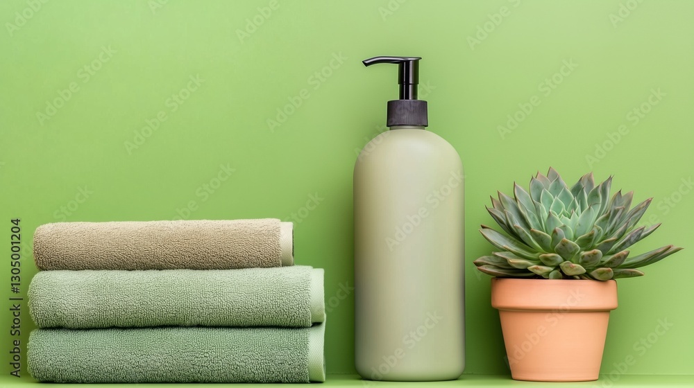 Spa essentials green towels and lotion indoor still life calm ambience Spa essentials green towels and lotion indoor still life calm ambience