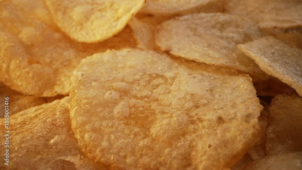 Crispy Potato Chips. Golden Fried Slices In Macro. Unhealthy Snack, Junk Food Crispy Potato Chips. Golden Fried Slices In Macro. Unhealthy Snack, Junk Food