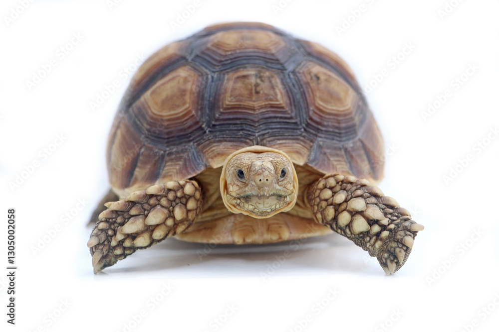 Cute small baby African Sulcata Tortoise in front of white background, African spurred tortoise isolated white background studio lighting,Cute animal Cute small baby African Sulcata Tortoise in front of white background, African spurred tortoise isolated white background studio lighting,Cute animal