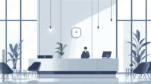 Illustration depicting a minimalist modern office reception area. The scene is dominated by a clean, white reception desk with a receptionist behind it. Two black chairs are visible on each