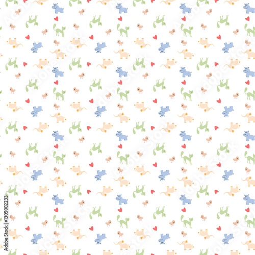 Seamless pattern for kids cat, elephant, bird