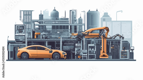 The image is a digital illustration depicting a stylized panoramic view of an automated car manufacturing process.  The main focus is an orange car positioned in front of a complex