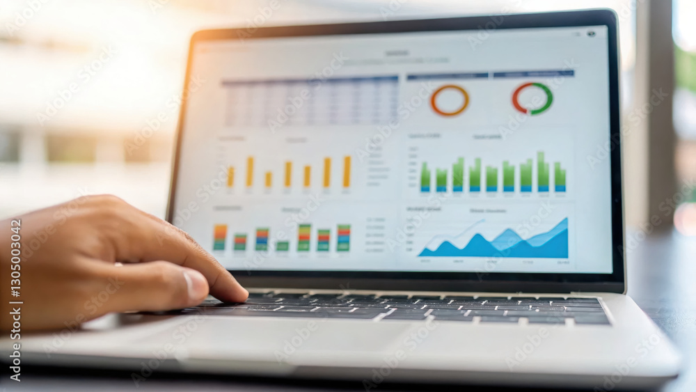 hand adjusting business KPI dashboard on laptop screen displaying various graphs and charts hand adjusting business KPI dashboard on laptop screen displaying various graphs and charts