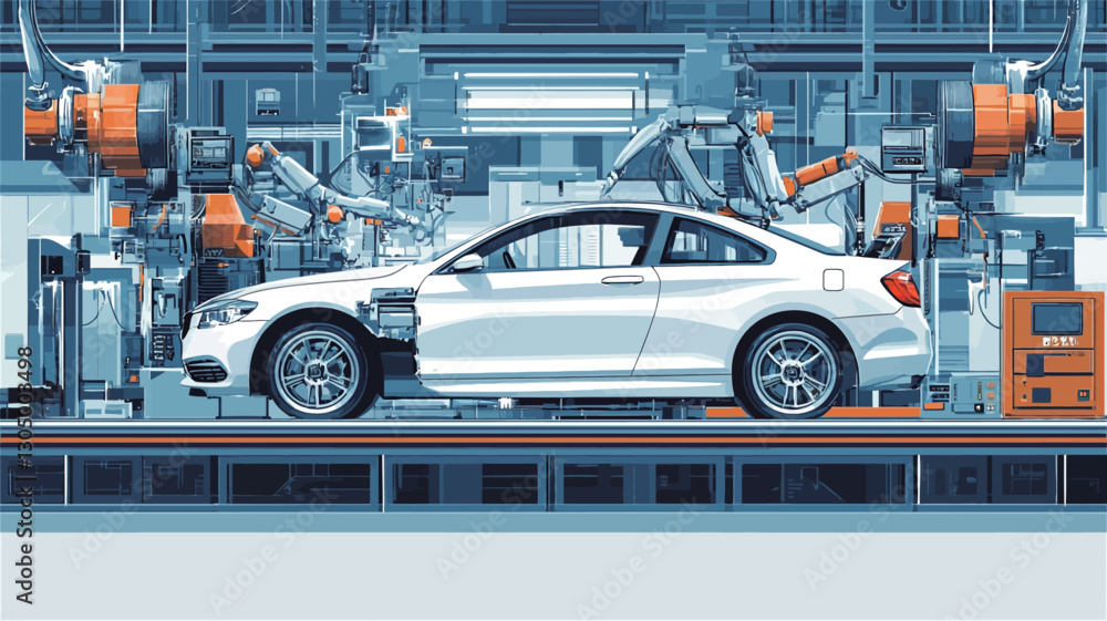 Fototapeta premium The image is a digital illustration depicting a white coupe on an automated assembly line. Two robotic arms are visible on either side of the vehicle, performing tasks. The background