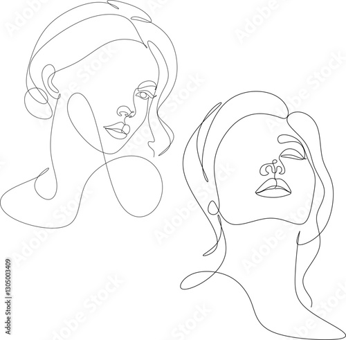 Continuous line drawing of set of faces and hairstyle, fashion concept, minimalist female beauty, vector illustration of colorful abstract background