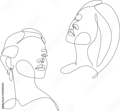 Continuous line drawing of set of faces and hairstyle, fashion concept, minimalist female beauty, vector illustration of colorful abstract background