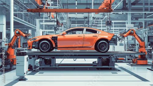 The image shows an orange car positioned on a mechanized platform within a large industrial facility.  The car is flanked by two large robotic arms, suggesting an automated assembly line