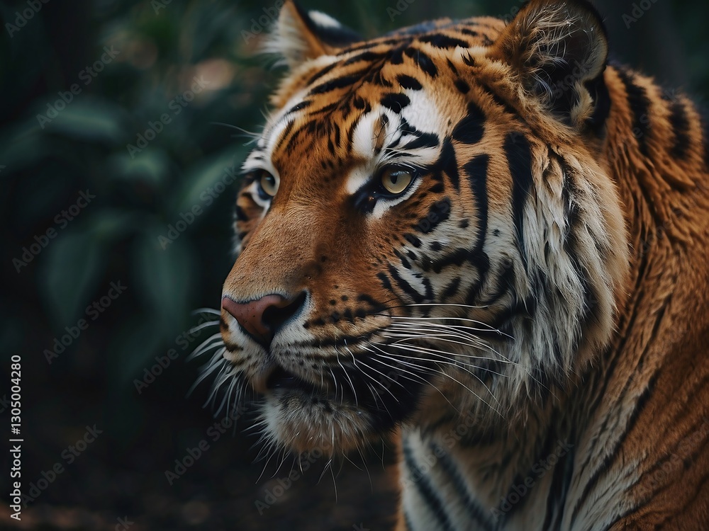 Fototapeta premium Stunning Close-Up Portrait of a Majestic Endangered Tiger in Its Natural Jungle Habitat: Remarkable Wildlife Preservation & Biodiversity in Asian Tropical Forests.