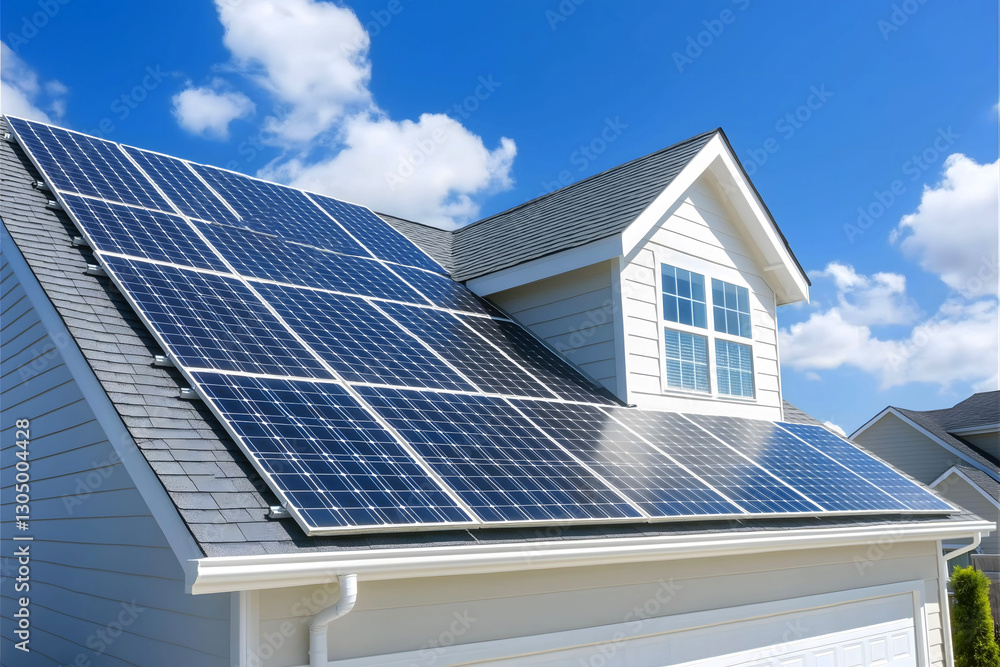 Fototapeta premium House with rooftop solar panels under sunny blue sky representing renewable energy,eco-friendly living,sustainable power solutions,modern environmental conservation technology for clean energy concept