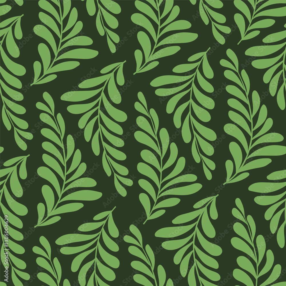 Fototapeta premium Seamless pattern with hand drawn green branches on dark green background. Modern botanical print for fabric, cover, card, flyer. Vector illustration