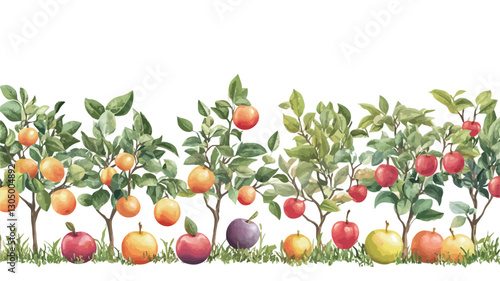 A digital illustration depicting a horizontal border of stylized fruit trees bearing apples and oranges.  The trees are rendered with visible leaves and branches, and the fruit is shown in