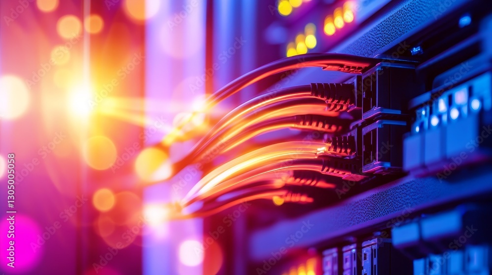 Vibrant close-up of network cables connected to a server in a data center with glowing light Vibrant close-up of network cables connected to a server in a data center with glowing light