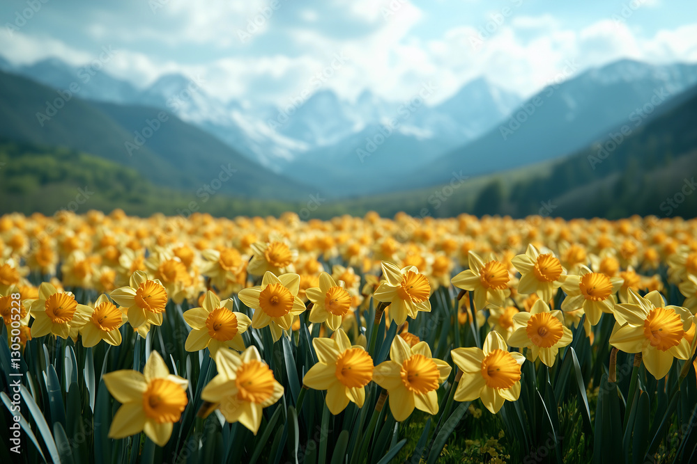 Fototapeta premium a field of yellow flowers with a mountain in the background with clouds in the sky and a blue sky,
