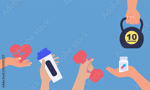 Hands holding healthcare and fitness icons promoting healthy lifestyle