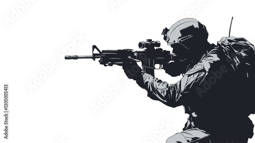 The image is a grayscale illustration or digital painting depicting a soldier in profile view, aiming a rifle. The soldier is depicted from the knees up, wearing a helmet and tactical gear.