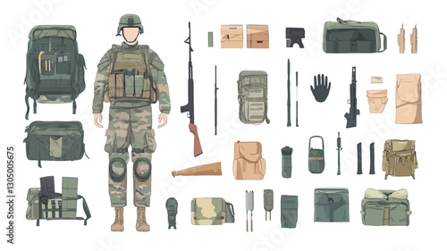 A digital illustration depicts a full-length rendering of a soldier in camouflage uniform standing with various pieces of military equipment and weapons arranged around him on a white