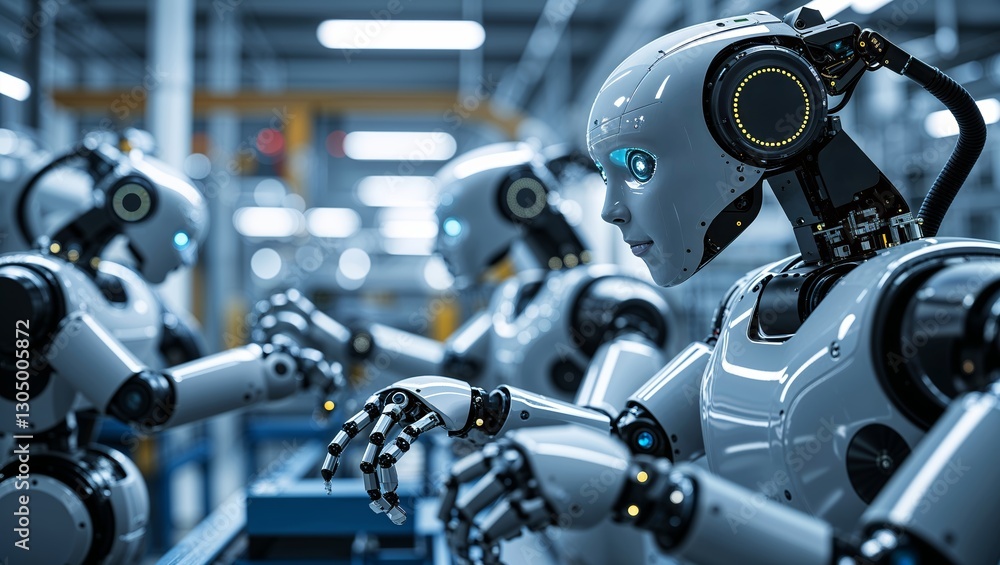 Robots collaborating in a high-tech manufacturing facility during a daytime shift Robots collaborating in a high-tech manufacturing facility during a daytime shift