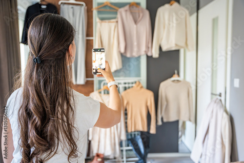 Fotografia A young woman photographs clothing hanging on a wardrobe in bedroom using her smartphone