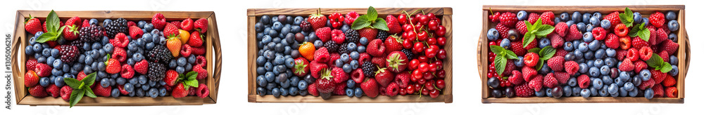 Assortment of Fresh Berries, Including Blueberries, Raspberries, Blackberries, and Red Currants, Arranged in Wooden Trays with Green Leaves. Isolated on a White . PNG, Cutout, or Clipping Path Assortment of Fresh Berries, Including Blueberries, Raspberries, Blackberries, and Red Currants, Arranged in Wooden Trays with Green Leaves. Isolated on a White . PNG, Cutout, or Clipping Path