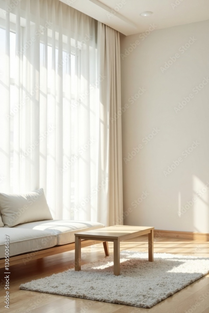 Serene Sunlight Illuminates Minimalist Living Space Featuring Light Wood Coffee Table and Plush Sofa Serene Sunlight Illuminates Minimalist Living Space Featuring Light Wood Coffee Table and Plush Sofa