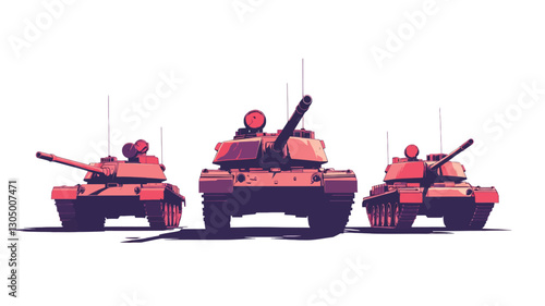A digital illustration depicting three military tanks in a frontal view against a white background.  The tanks are rendered in a low-polygonal style with a predominantly red and dark pink