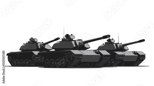 A grayscale digital illustration depicting three military tanks positioned side-by-side against a white background. The tanks are rendered in a slightly low-poly style, showing some details