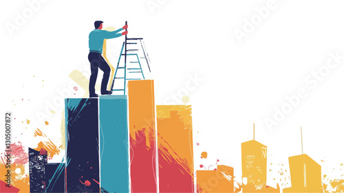 A stylized vector illustration depicting a man standing on a tall bar chart, using a small ladder to reach the top. The bars are in various colors: dark blue, teal, orange, and red. The