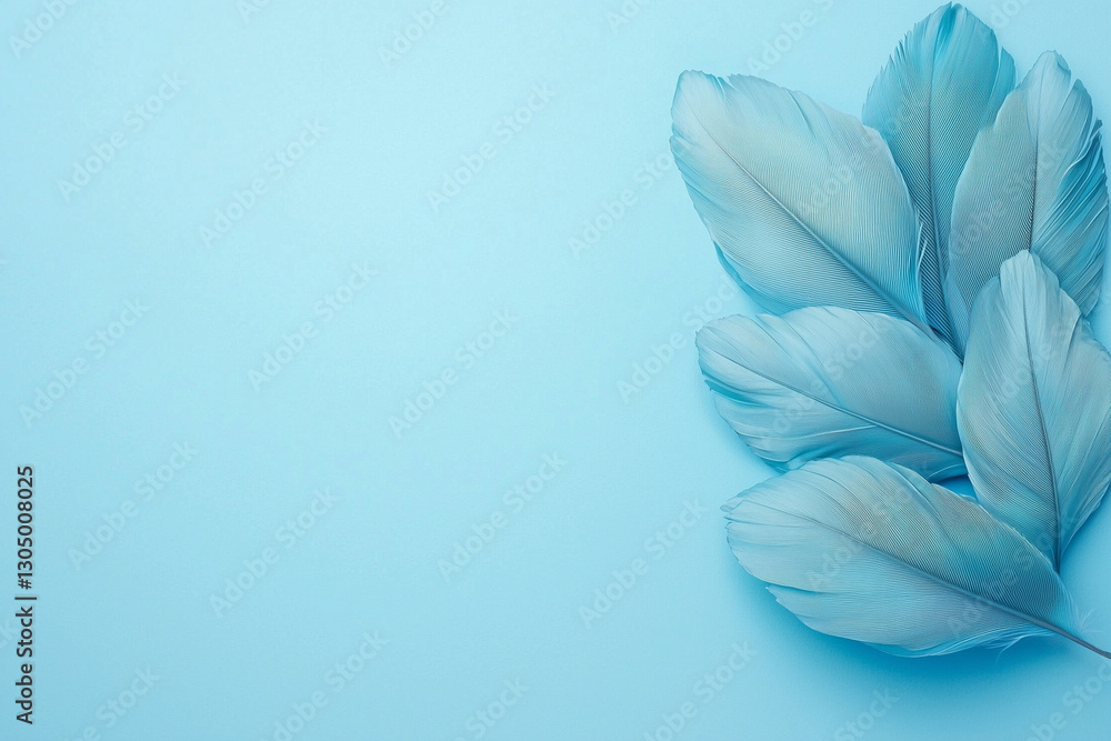 Obraz premium Banner. Blue Feathers on a Blue Pastel Background. Pastel Colors. Top View. Beautiful Delicate Background. With Copy Space.