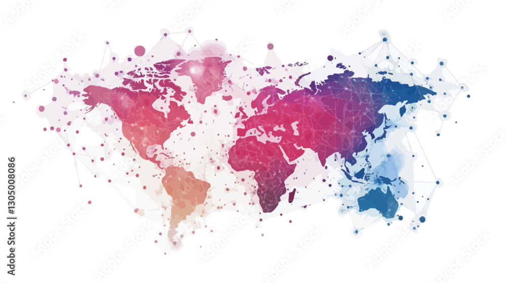 The image presents a stylized world map rendered in an abstract style. The map is depicted using a multicolored palette of reds, blues, oranges, and purples, primarily in watercolor or The image presents a stylized world map rendered in an abstract style. The map is depicted using a multicolored palette of reds, blues, oranges, and purples, primarily in watercolor or