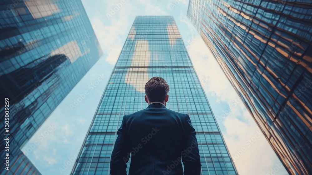 Businessman Stands in Awe Beneath Tall City Skyscrapers Businessman Stands in Awe Beneath Tall City Skyscrapers