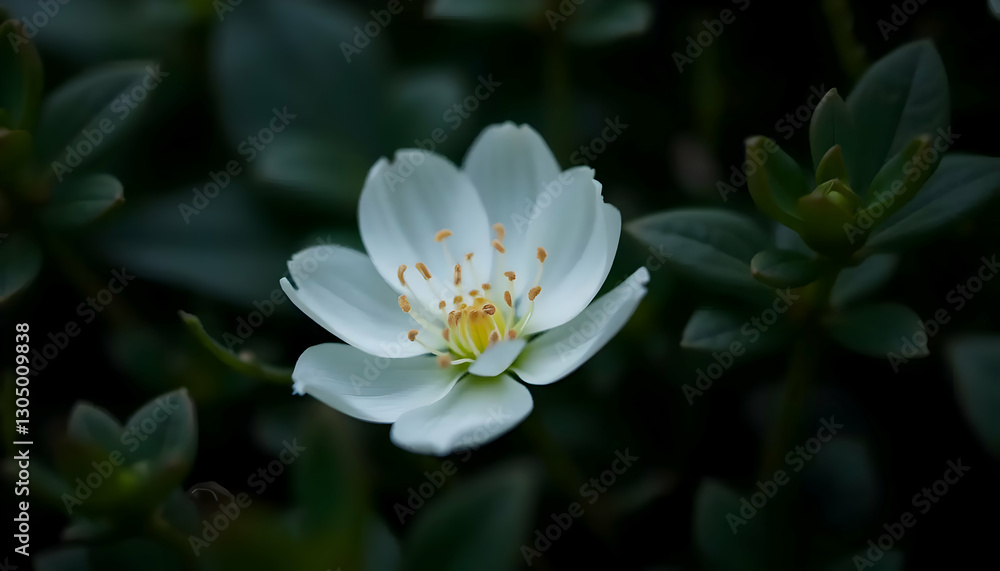 A Beautiful White Flower Blooms Among Green Foliage Plants A Beautiful White Flower Blooms Among Green Foliage Plants