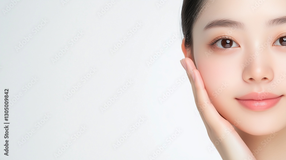 Obraz premium Portrait of Asian woman with a warm smile, and natural makeup, against a plane background. The minimal composition creates a fresh, modern, and professional aesthetic, perfect for business.