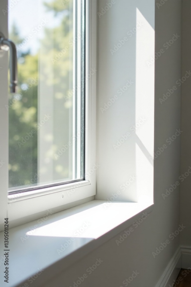 Sunlight Illuminating a Modern Window Sill, Casting a Gentle Shadow on a Pristine White Wall Sunlight Illuminating a Modern Window Sill, Casting a Gentle Shadow on a Pristine White Wall