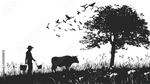 The image is a monochrome illustration depicting the silhouettes of a farmer, a cow, and a flock of birds against a simple landscape.  The farmer is shown holding a pail and walking