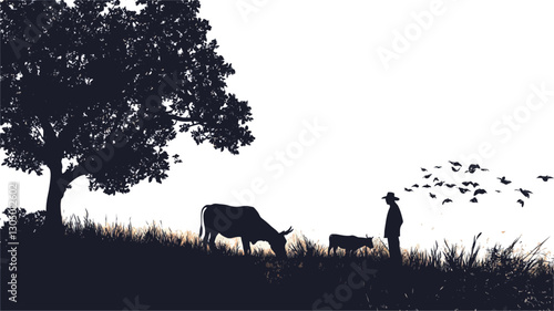 The image is a digital illustration or vector graphic depicting a monochrome silhouette scene.  The silhouettes are sharply defined against a white background, suggesting a high contrast