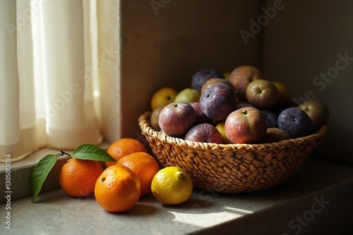 Wallpaper Mural A Basket Filled With Fruit on a Window Sill Next to Some Lemons and Oranges - Generative AI Torontodigital.ca