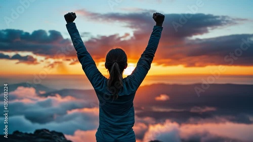 Victory at Dawn:  A woman stands with arms raised in triumph, silhouetted against a fiery sunrise, her back to the viewer, a powerful image of achieving goals, overcoming challenges.