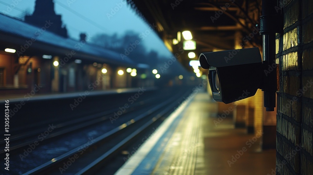 Security camera at train station platform at dusk Security camera at train station platform at dusk