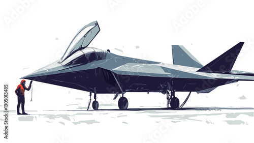 The image shows a detailed illustration of a dark gray/blue stealth fighter jet on a snowy, white background. A small figure of a person in red clothing is visible near the aircraft's nose,