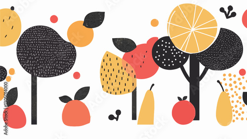 The image is a digital illustration featuring stylized depictions of fruit trees and individual fruits. The trees have dark gray/black trunks and branches, with simplified, rounded canopies